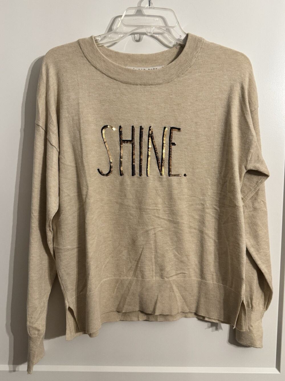 Rae Dunn Beige Sweater “shine” Embroidery Sz M Christmas NYE Holiday Festive